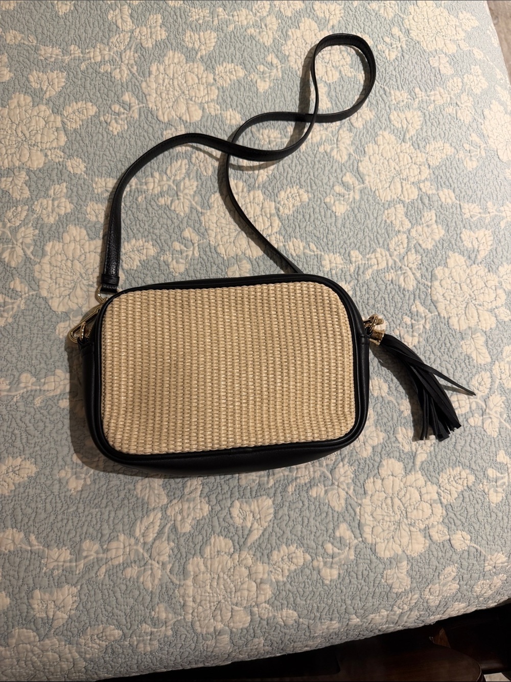 Woven Straw Crossbody Bag with Black Trim